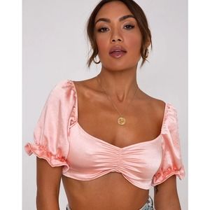 Motel NWT Mirella Top In Satin Peach Women's Cropped Puff Sleeve Cinch Lace Up L